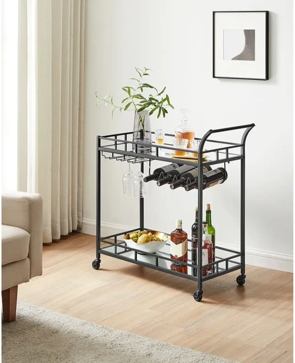 Home Bar Serving Cart with Dual Mirrored Shelves – Elegant Gold Design