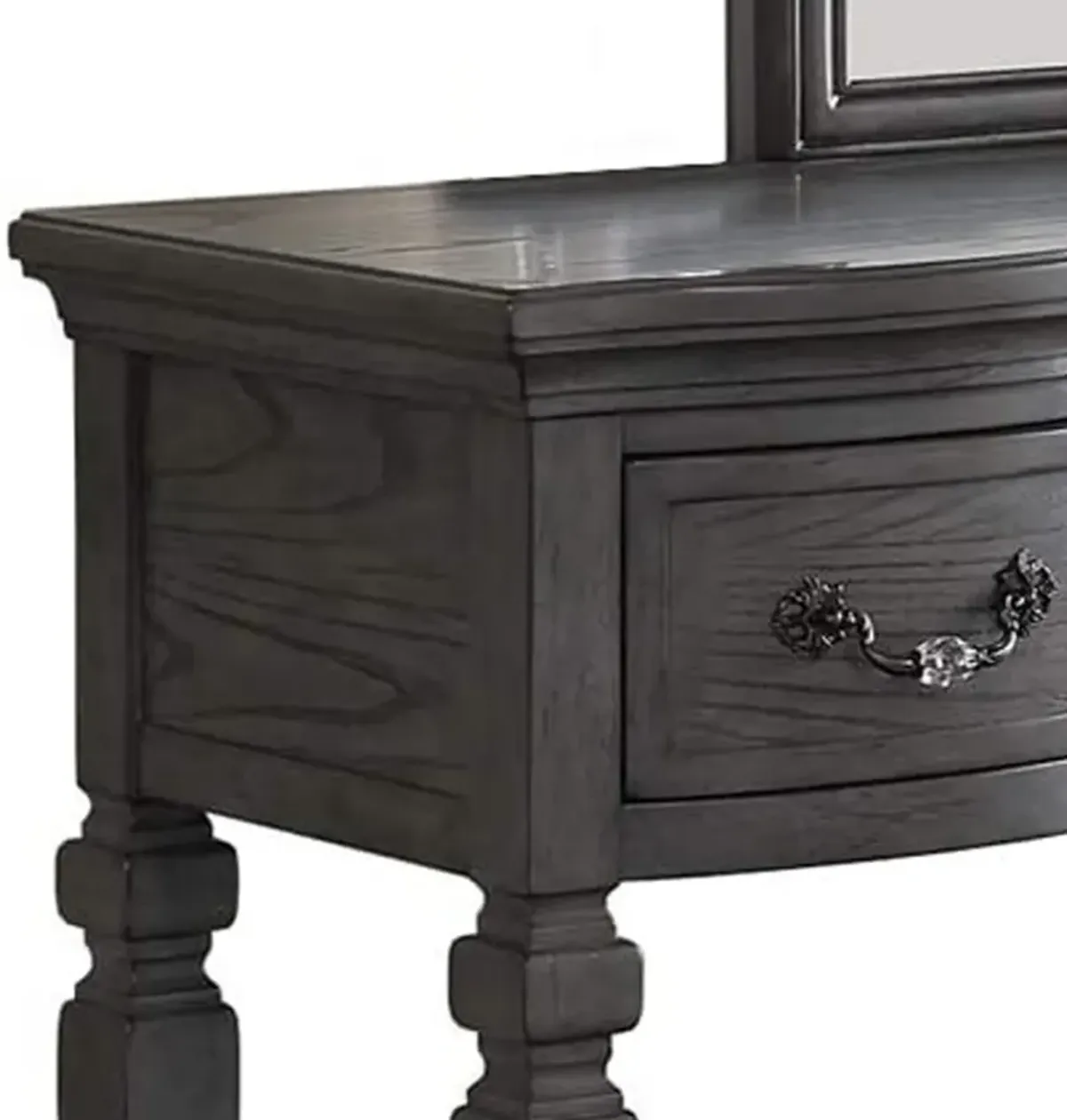 3 Piece Vanity Set with Carved Mirror and Turned Legs, Gray-Benzara