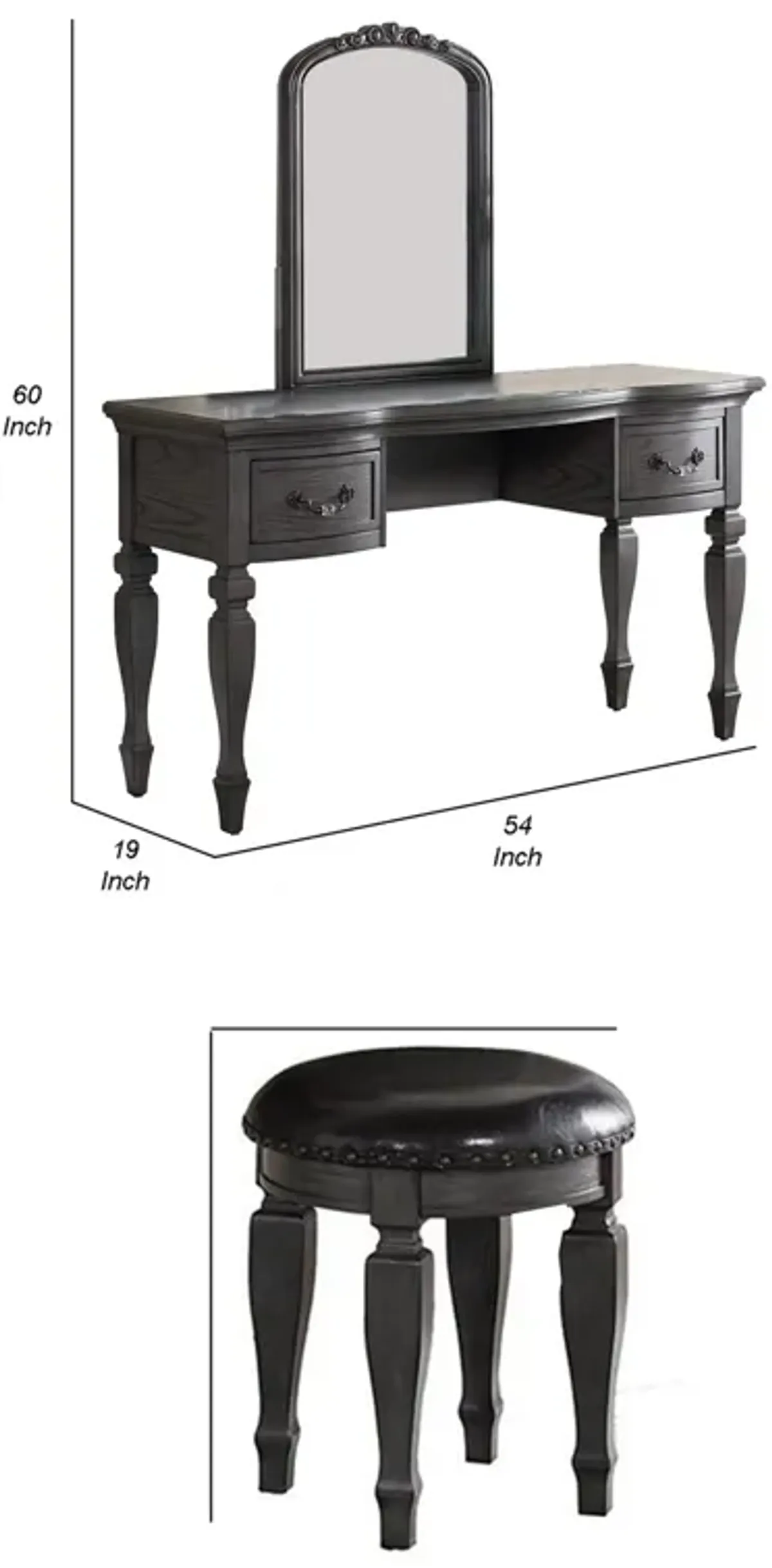 3 Piece Vanity Set with Carved Mirror and Turned Legs, Gray-Benzara