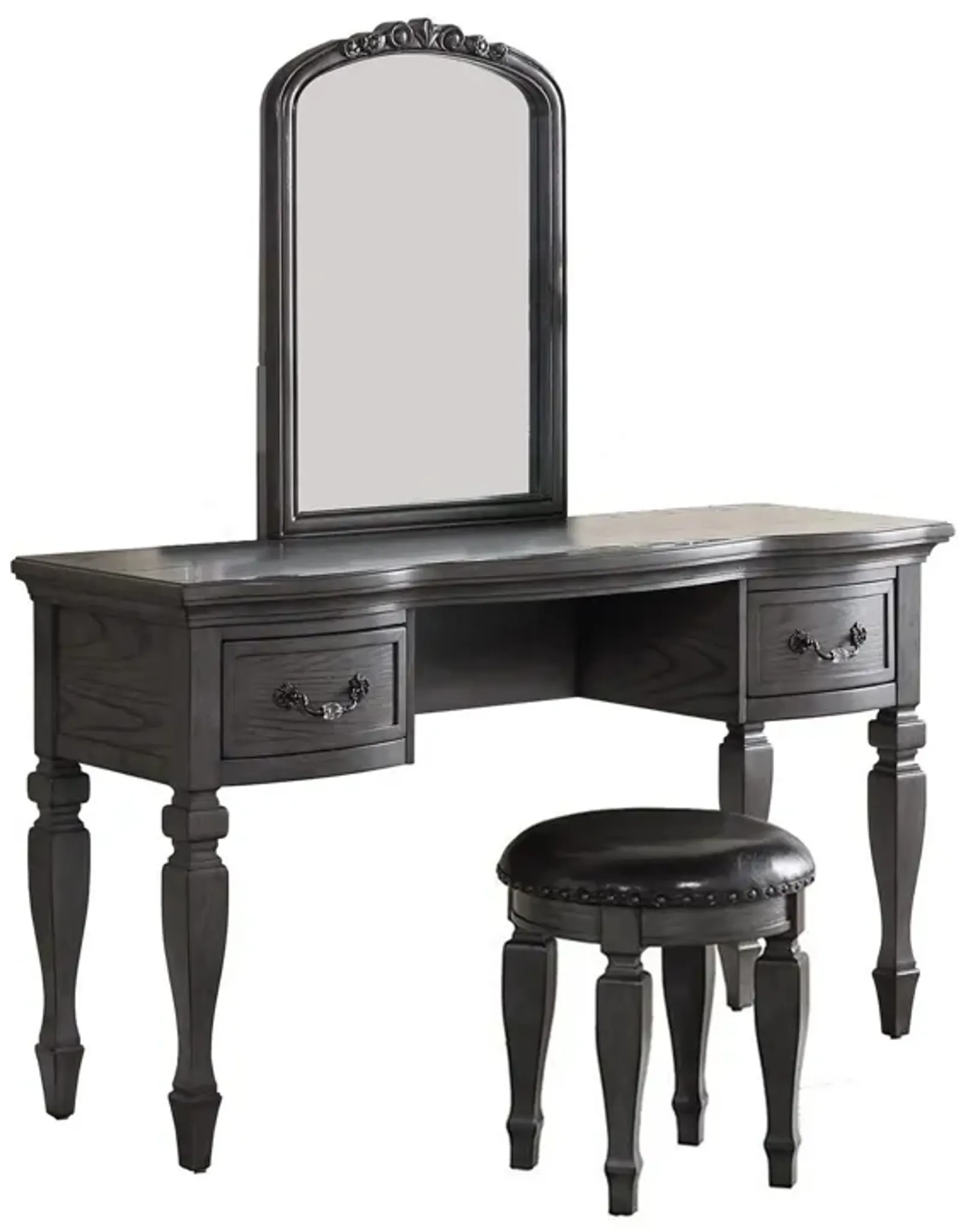 3 Piece Vanity Set with Carved Mirror and Turned Legs, Gray-Benzara