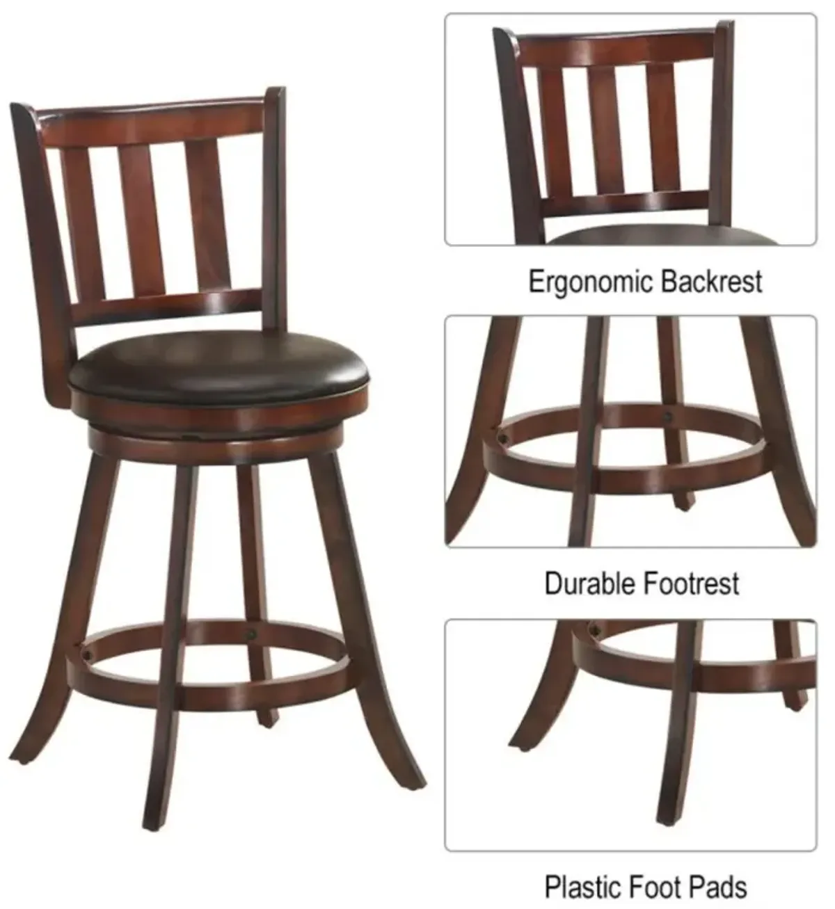 Hivvago 2 Pieces 360 Degree Swivel Wooden Counter Height Bar Stool Set with Cushioned Seat