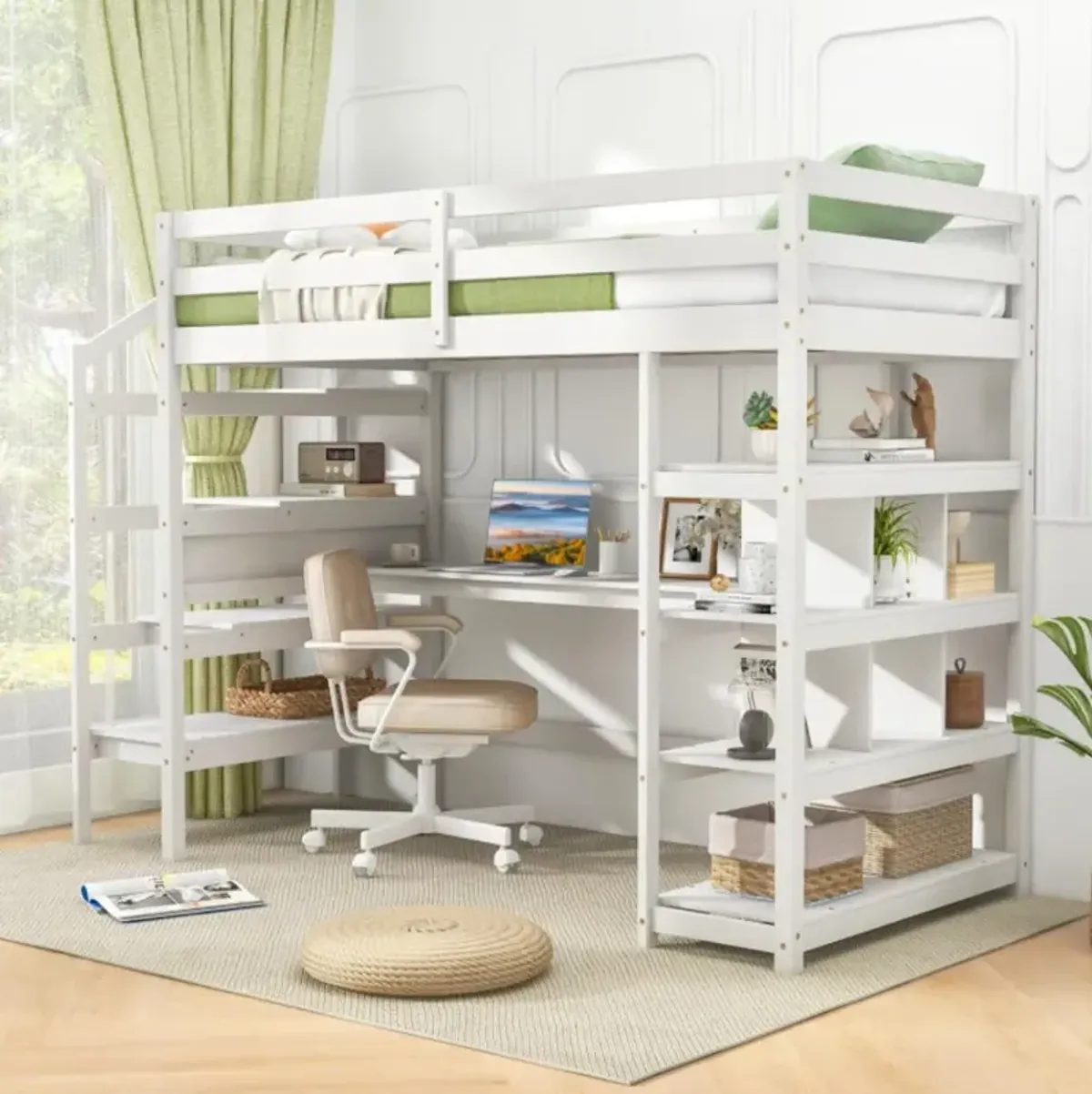 Hivvago Twin Size Loft Bed with Desk, Storage Stairs, Shelves, and Safety Guardrails - The Ultimate Space-Saving Solution