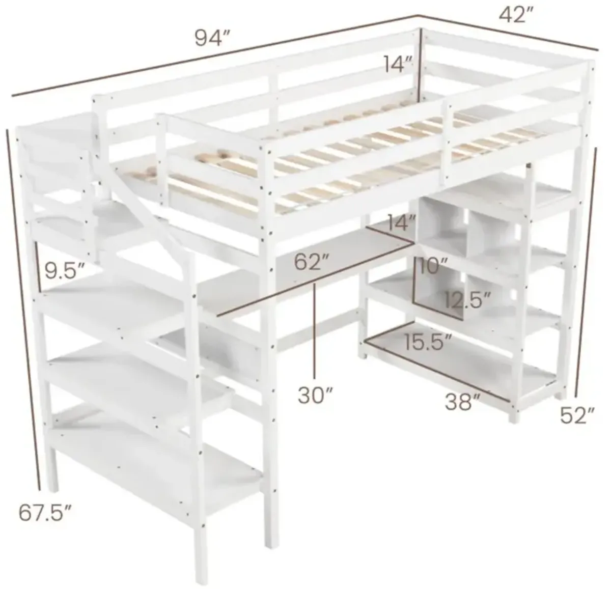 Hivvago Twin Size Loft Bed with Desk, Storage Stairs, Shelves, and Safety Guardrails - The Ultimate Space-Saving Solution