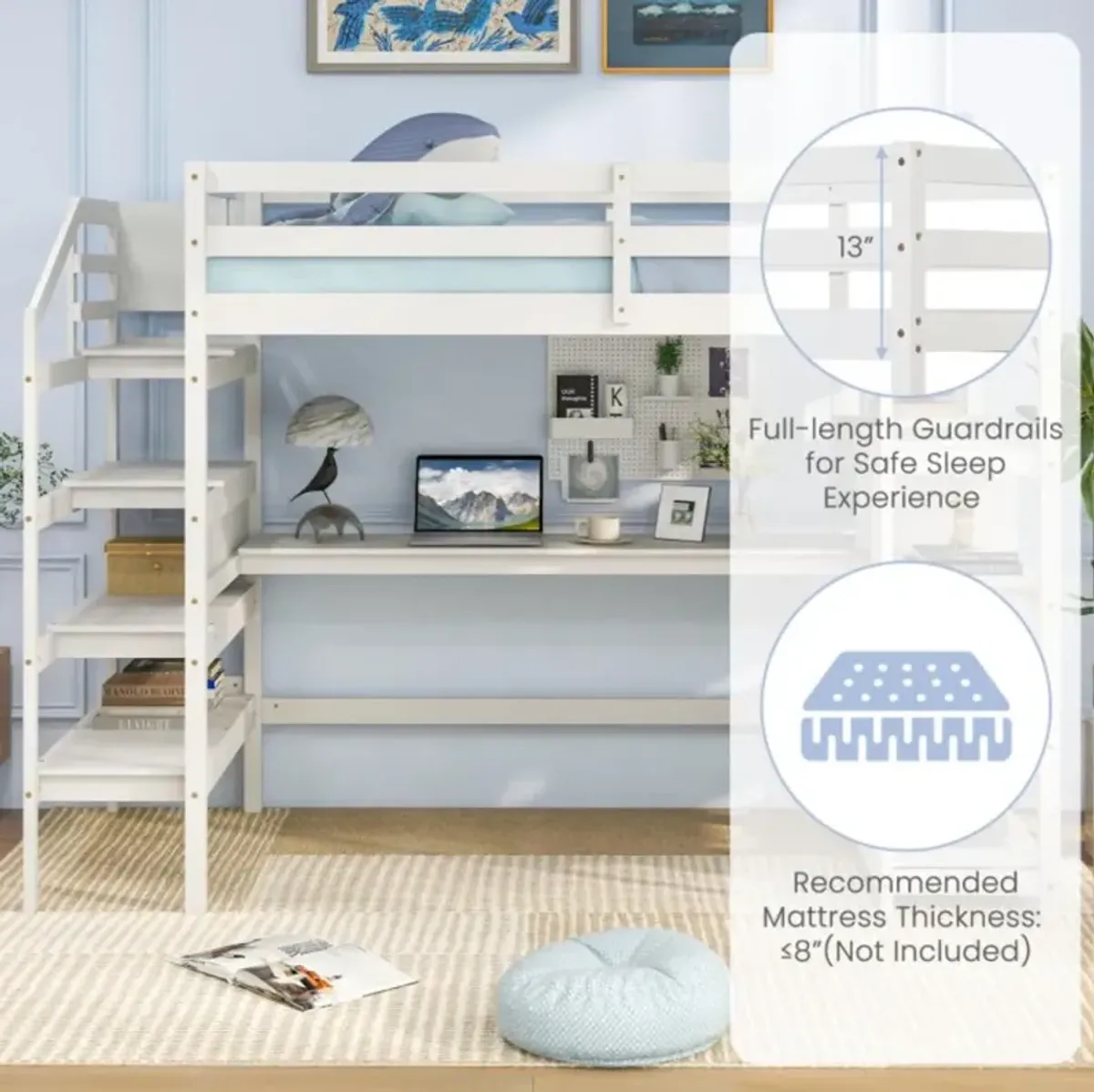 Hivvago Twin Size Loft Bed with Desk, Storage Stairs, Shelves, and Safety Guardrails - The Ultimate Space-Saving Solution