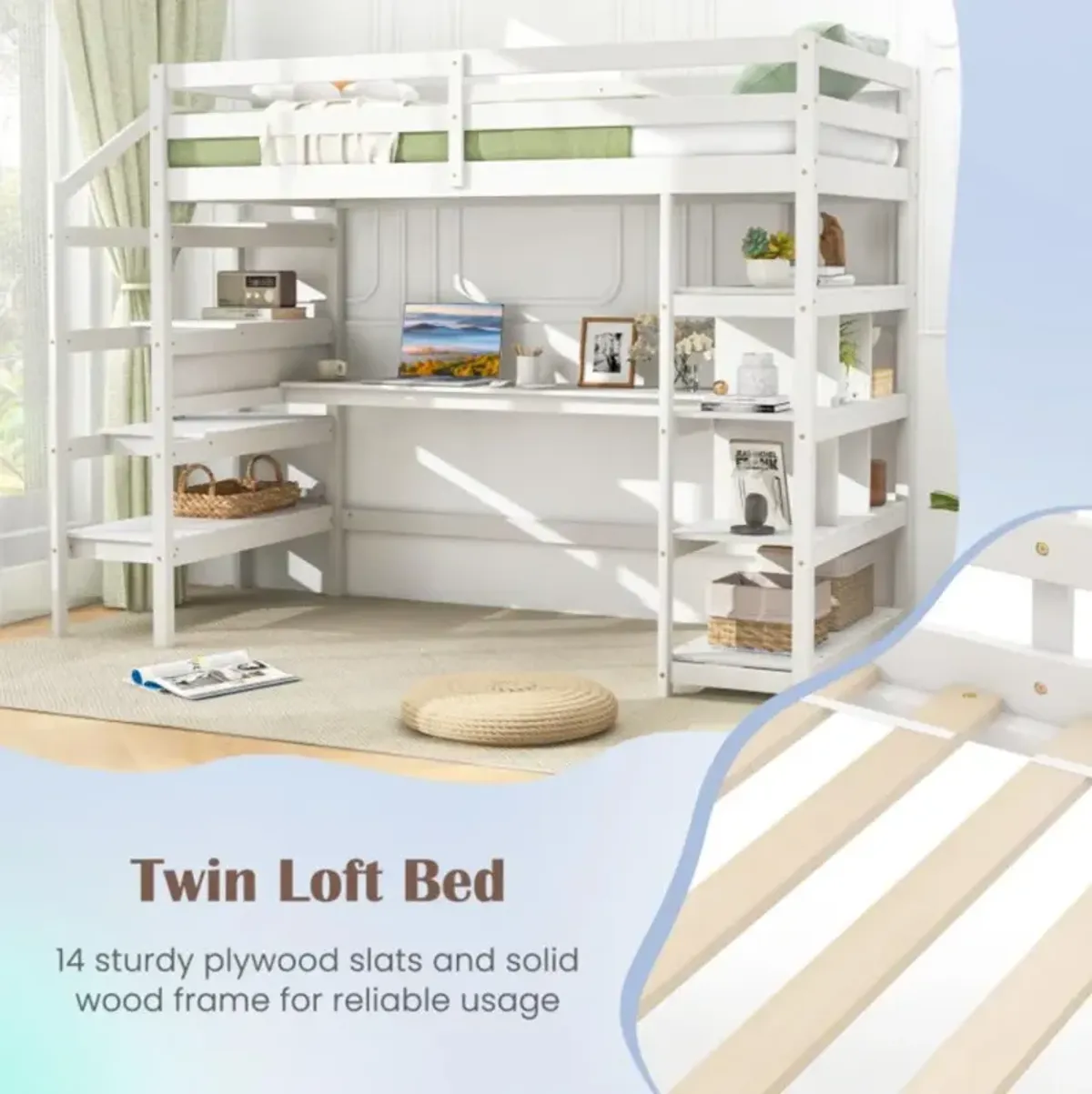 Hivvago Twin Size Loft Bed with Desk, Storage Stairs, Shelves, and Safety Guardrails - The Ultimate Space-Saving Solution