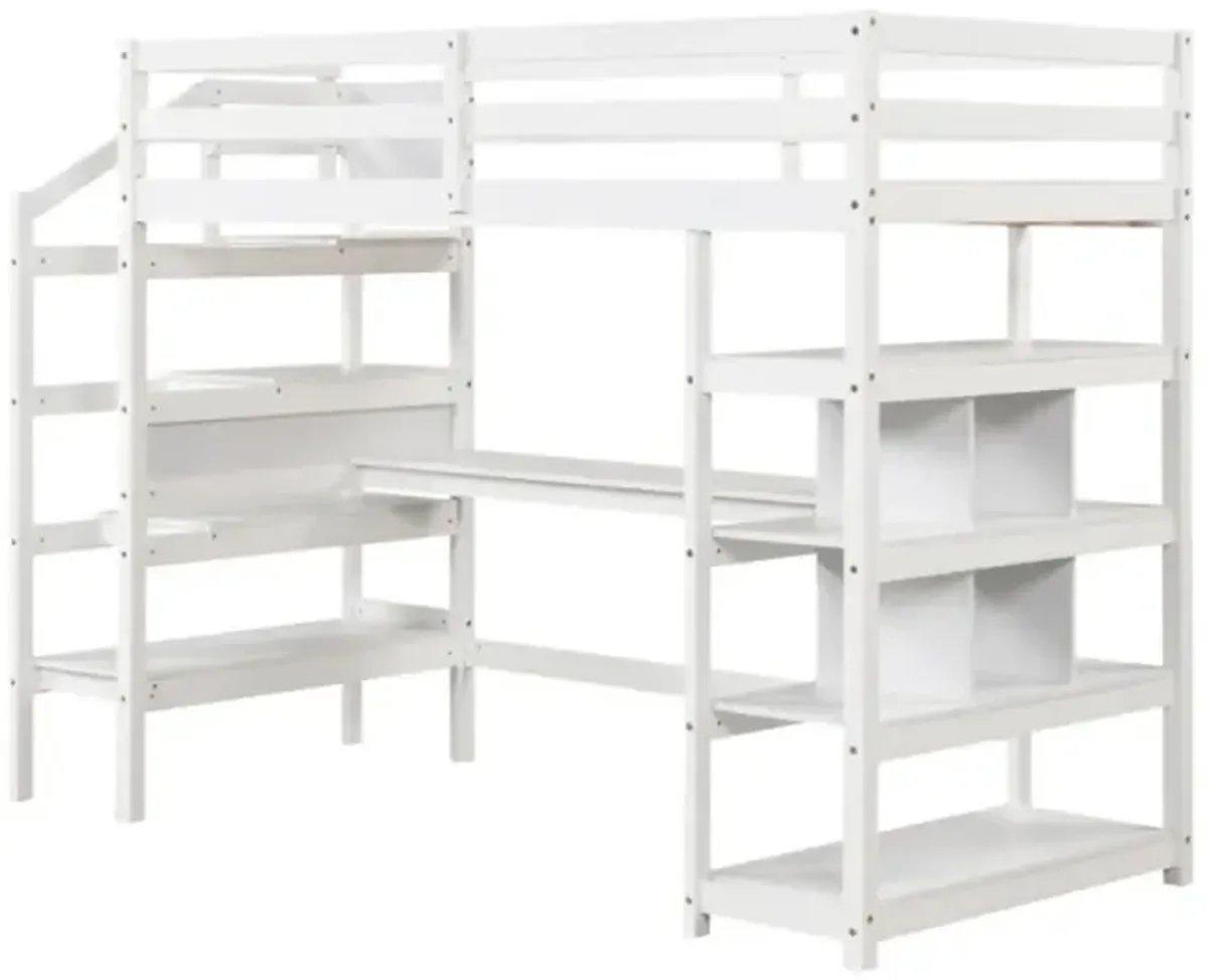 Hivvago Twin Size Loft Bed with Desk, Storage Stairs, Shelves, and Safety Guardrails - The Ultimate Space-Saving Solution