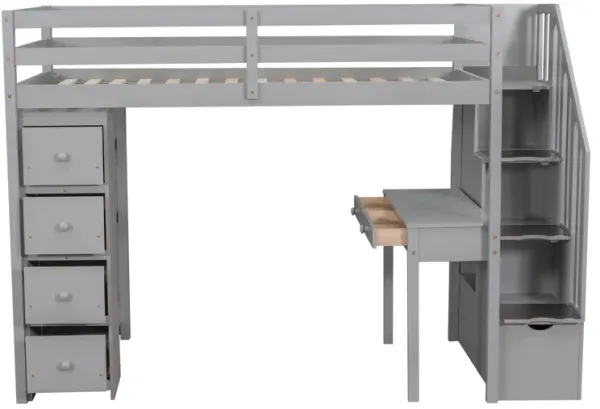 Whisen Modern Design Twin Size Wooden Loft Bed with Storage Drawers, Desk and Stairs