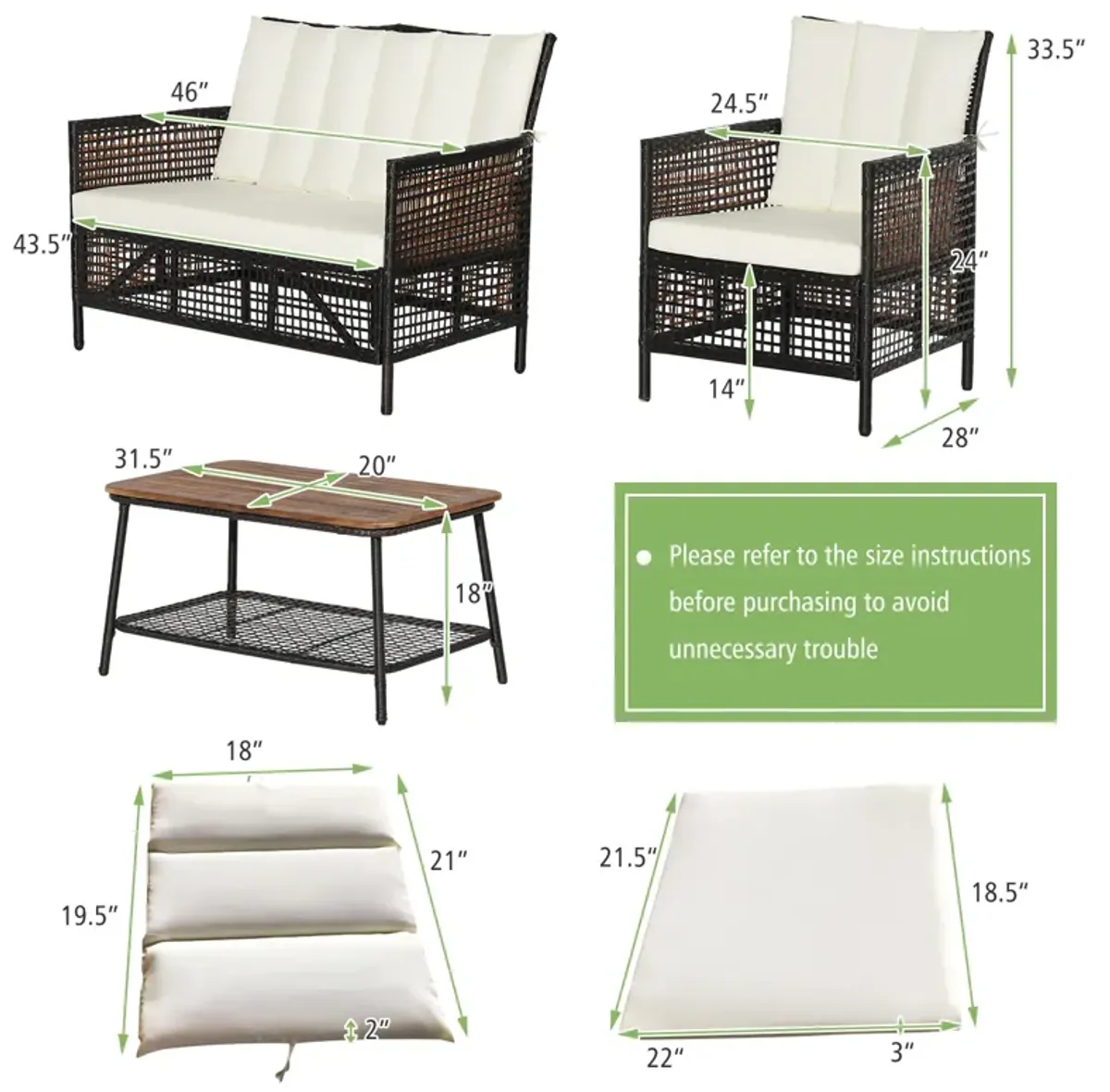 4 Pieces Patio Rattan Furniture Set with 2-Tier Coffee Table-White