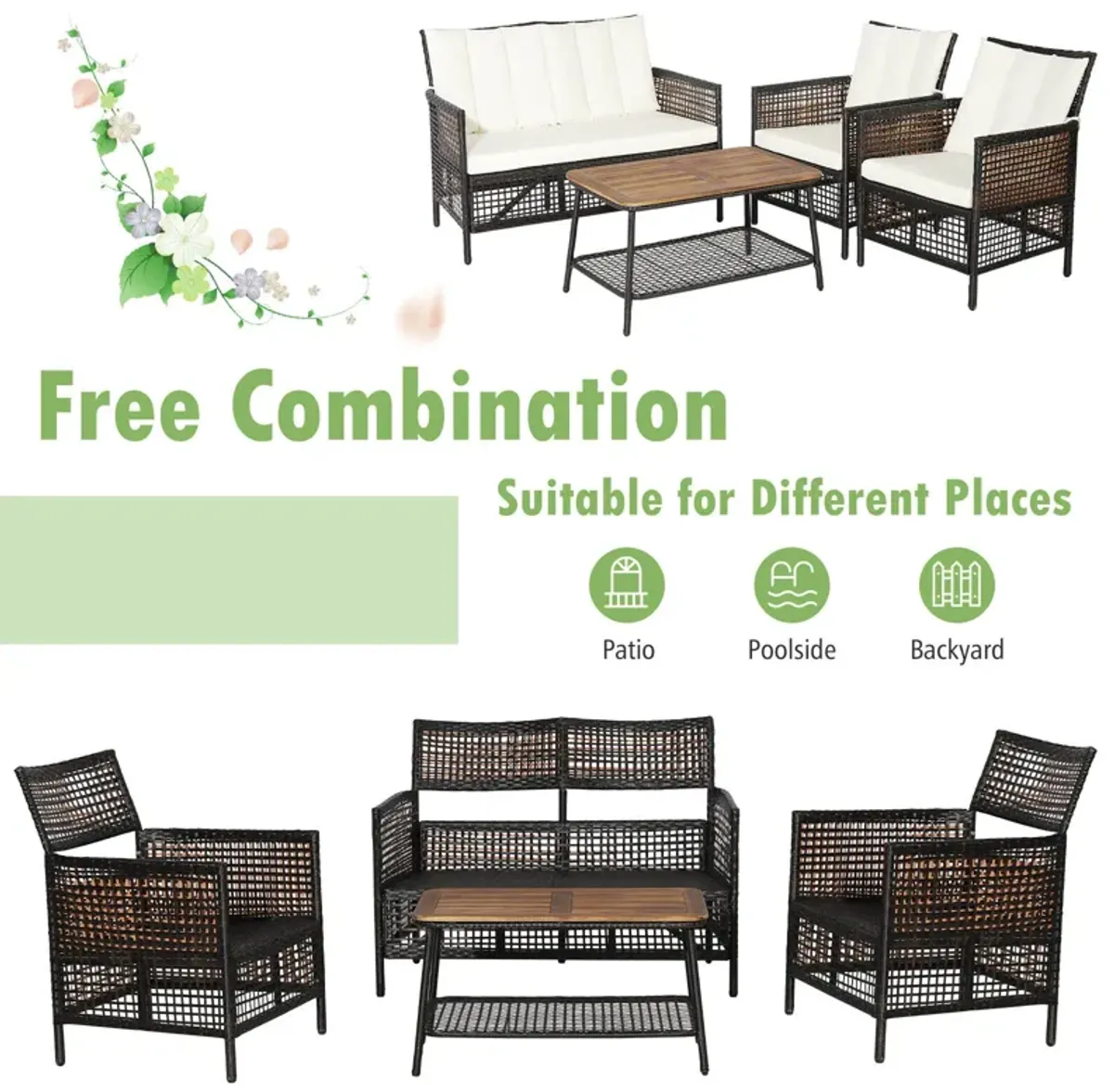 4 Pieces Patio Rattan Furniture Set with 2-Tier Coffee Table-White