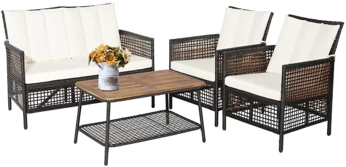 4 Pieces Patio Rattan Furniture Set with 2-Tier Coffee Table-White