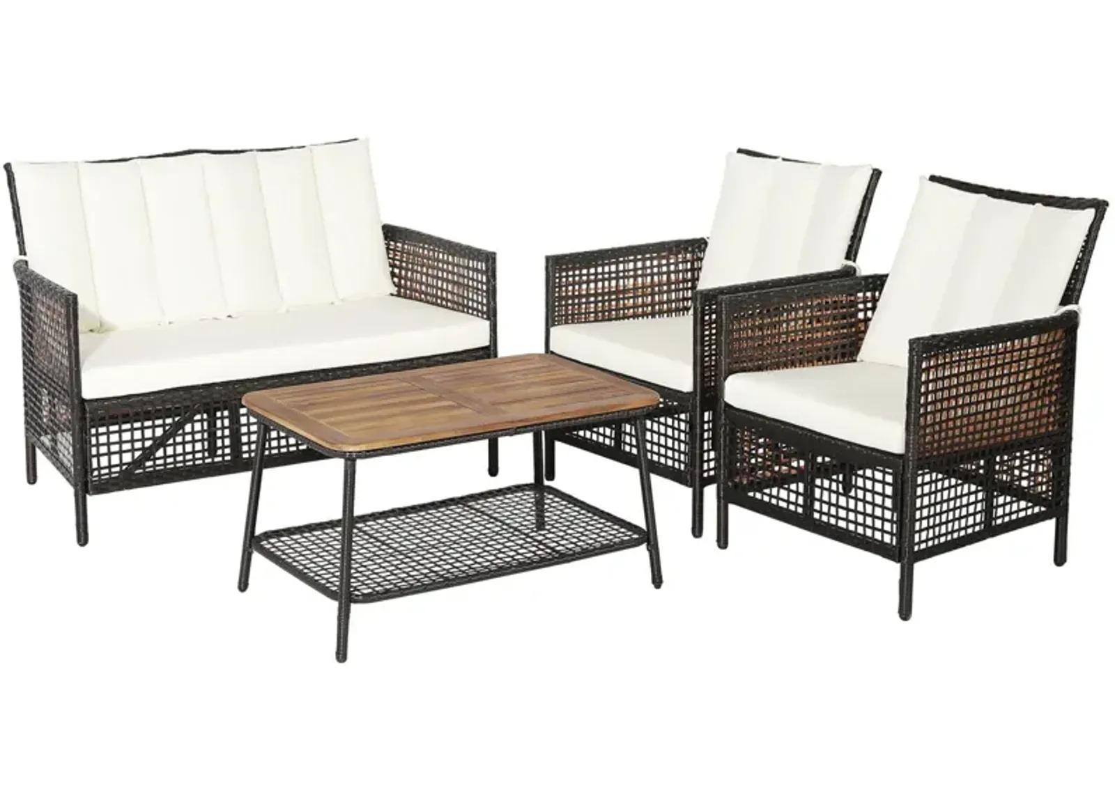 4 Pieces Patio Rattan Furniture Set with 2-Tier Coffee Table-White