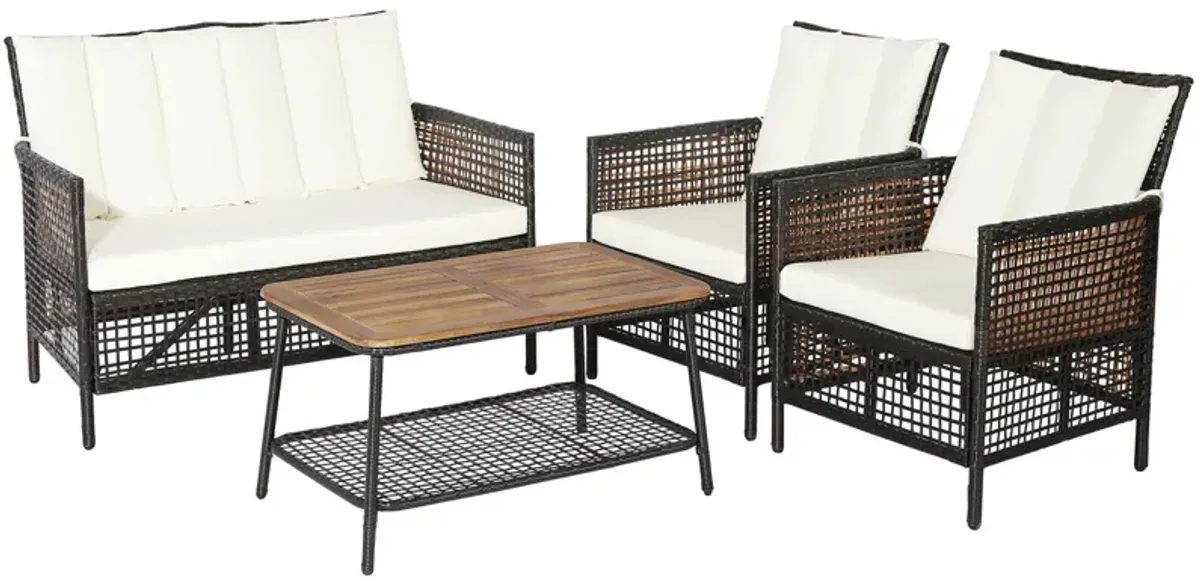 4 Pieces Patio Rattan Furniture Set with 2-Tier Coffee Table-White