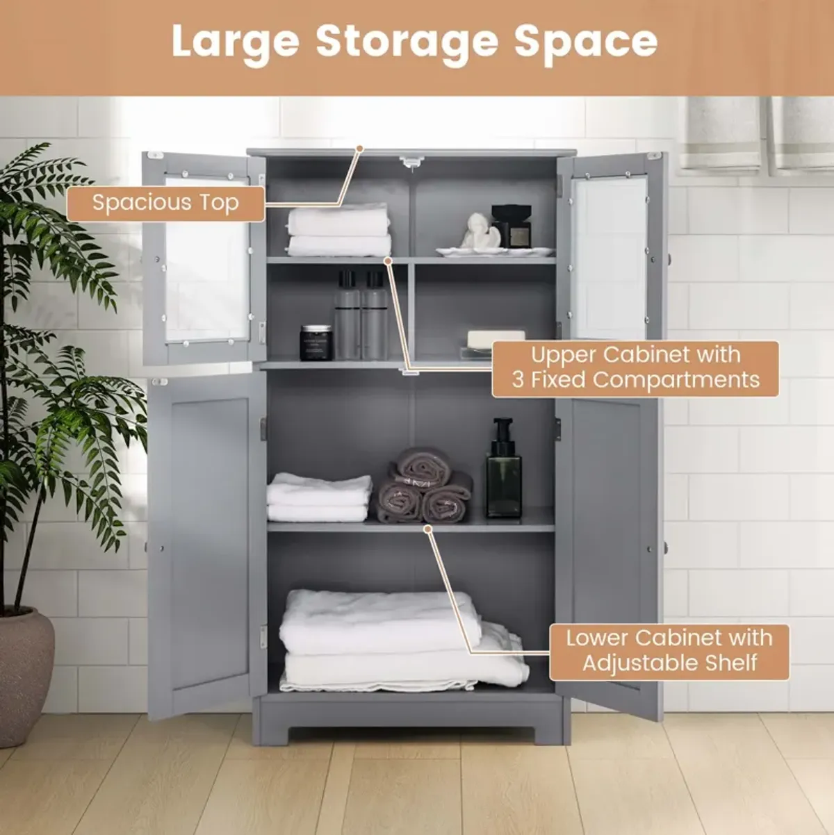 Costway Bathroom Floor Storage Cabinet Kitchen Cupboard w/Doors&Adjustable Shelf Brown