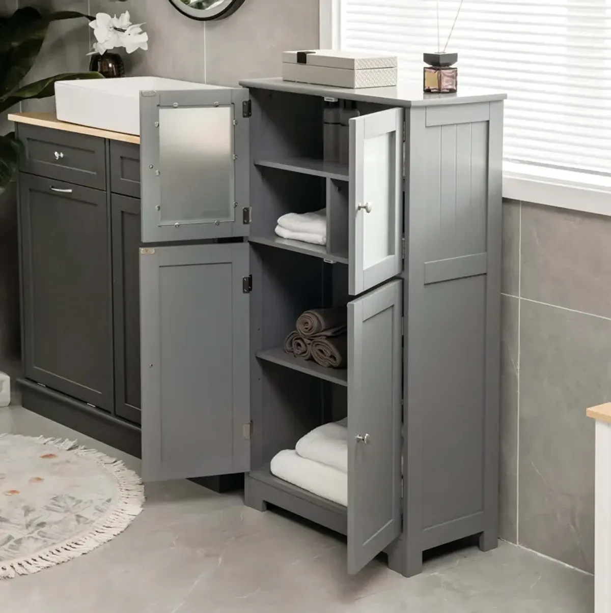 Costway Bathroom Floor Storage Cabinet Kitchen Cupboard w/Doors&Adjustable Shelf Brown