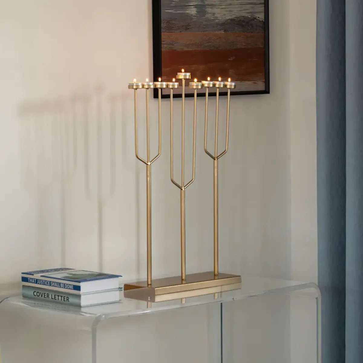 Modern Design Small Hanukkah Menorah Exceptional presentational piece, 9 Branch Tea Light Candle Holders, Gold