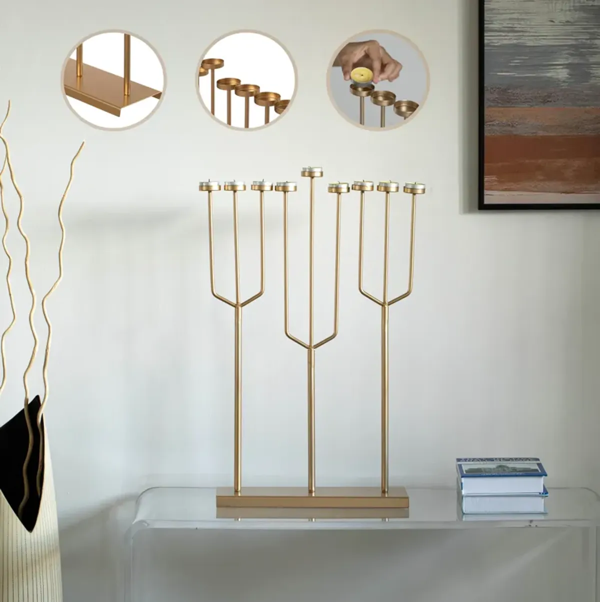 Modern Design Small Hanukkah Menorah Exceptional presentational piece, 9 Branch Tea Light Candle Holders, Gold