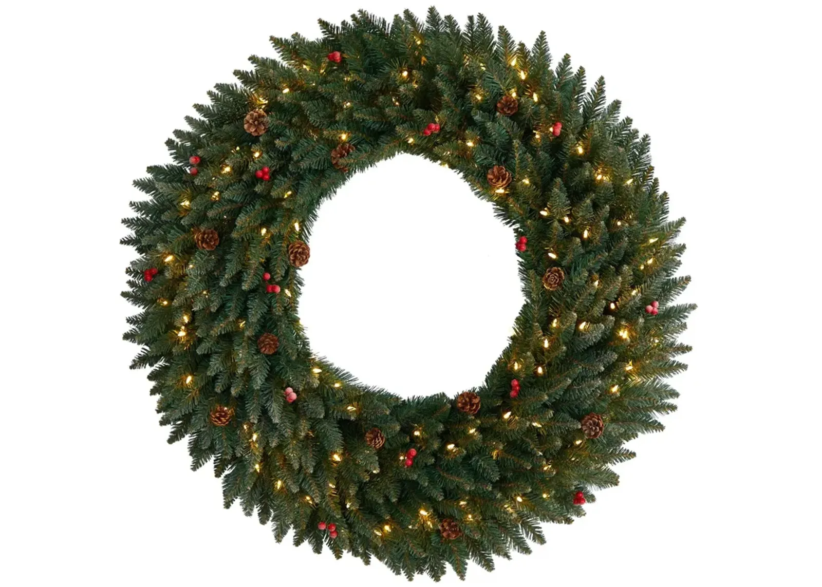 Nearly Natural Large Flocked Artificial Christmas Wreath with Pinecones, Berries, Clear LED Lights and Bendable Branches