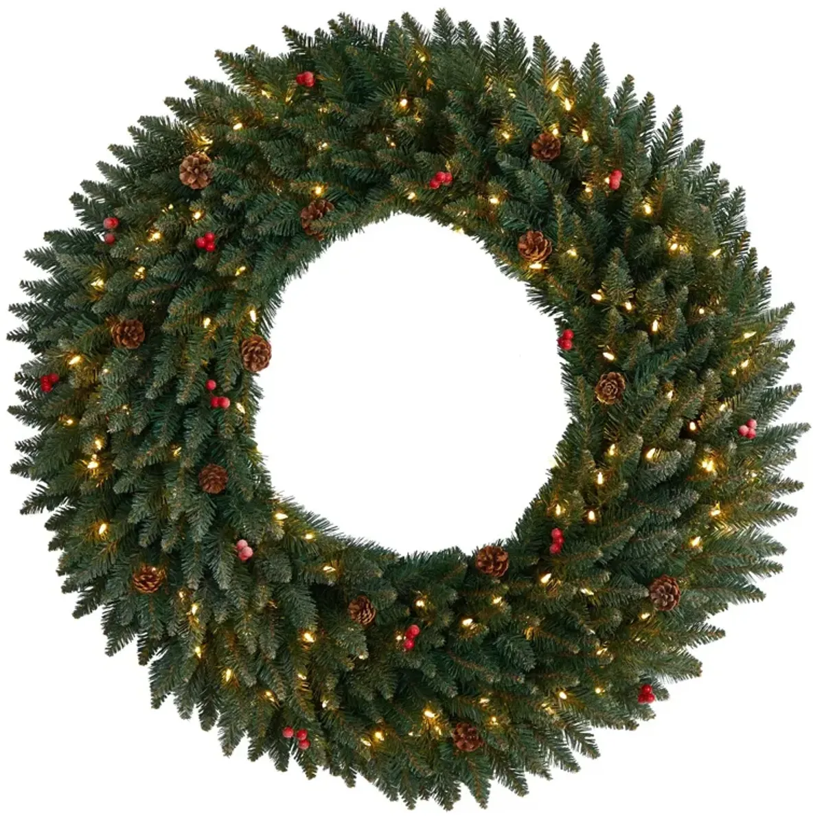 Nearly Natural Large Flocked Artificial Christmas Wreath with Pinecones, Berries, Clear LED Lights and Bendable Branches