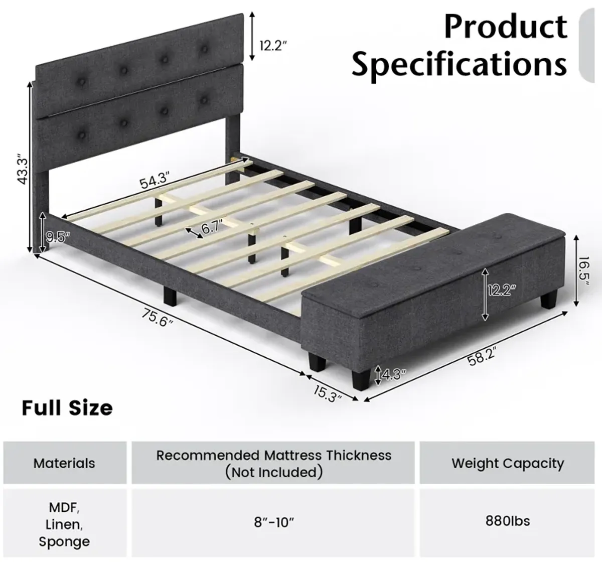 Upholstered Bed Frame with Ottoman Storage