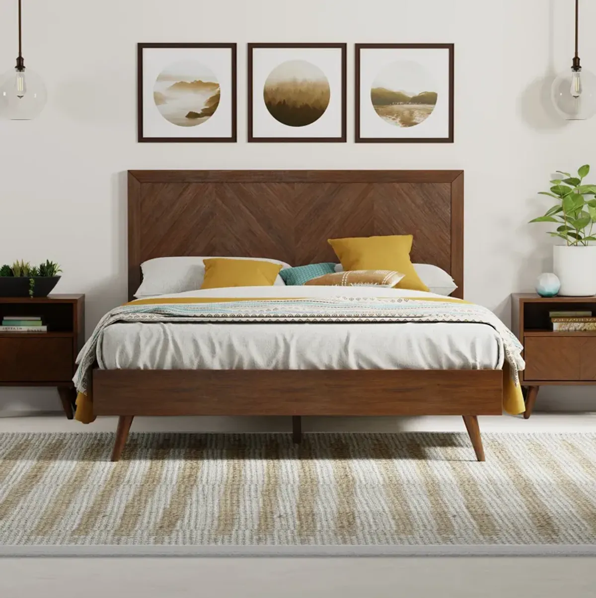 Wooden Chevron Bed with Headboard