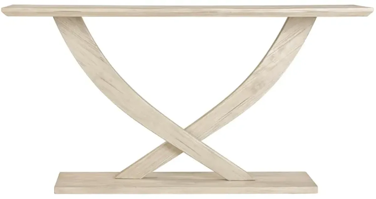 Rase 57 Inch Console Table, Cross Leg Design, Pedestal Base, Whitewash Wood - Benzara