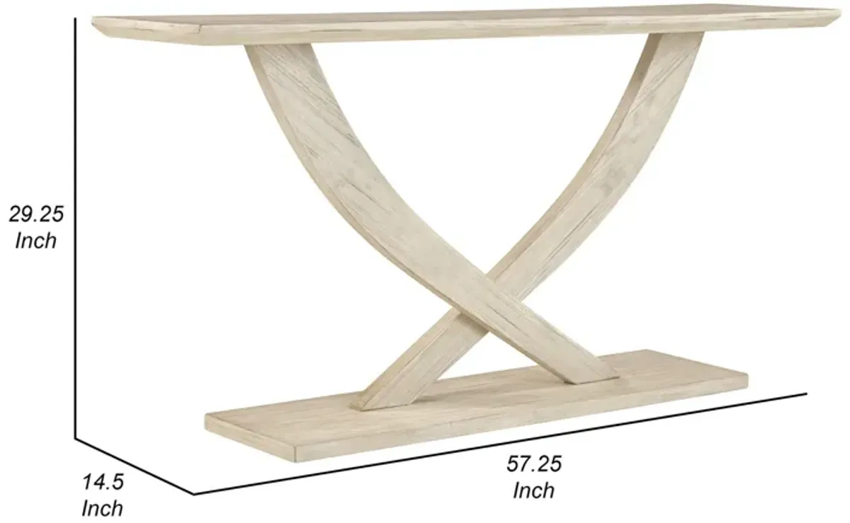 Rase 57 Inch Console Table, Cross Leg Design, Pedestal Base, Whitewash Wood - Benzara