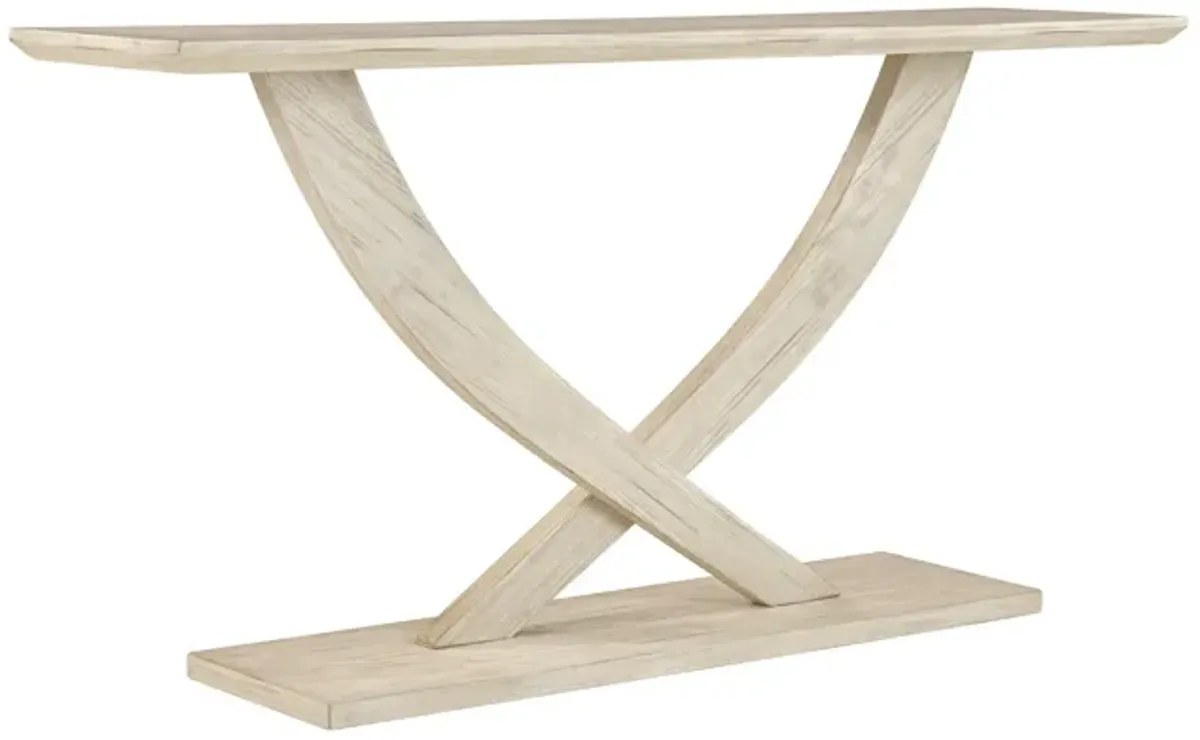 Rase 57 Inch Console Table, Cross Leg Design, Pedestal Base, Whitewash Wood - Benzara