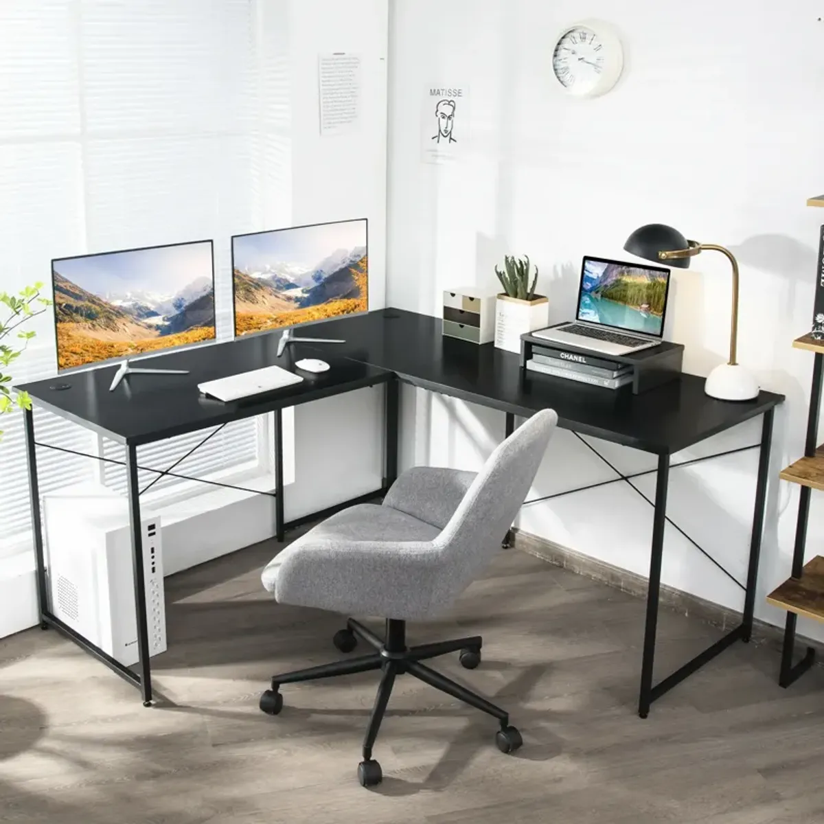 95 Inch 2-Person L-Shaped Long Reversible Computer Desk with Monitor Stand