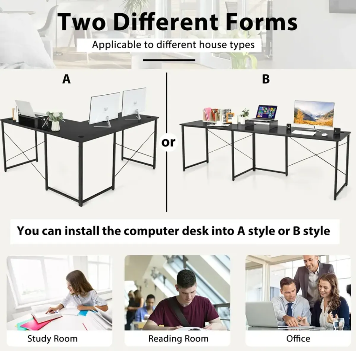 95 Inch 2-Person L-Shaped Long Reversible Computer Desk with Monitor Stand