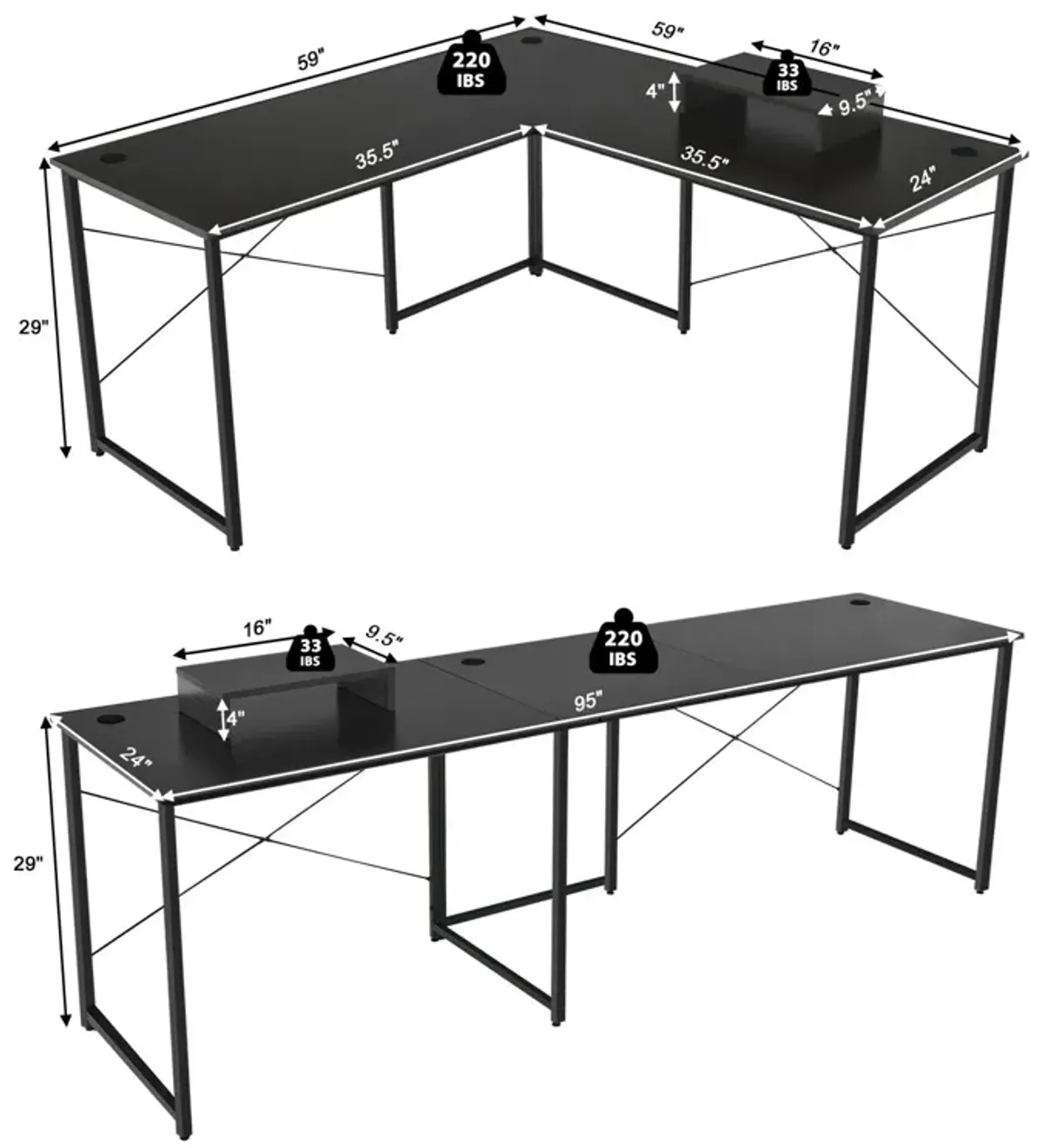 95 Inch 2-Person L-Shaped Long Reversible Computer Desk with Monitor Stand