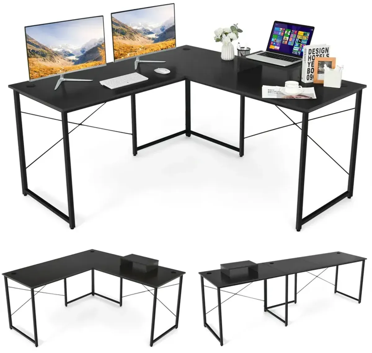 95 Inch 2-Person L-Shaped Long Reversible Computer Desk with Monitor Stand