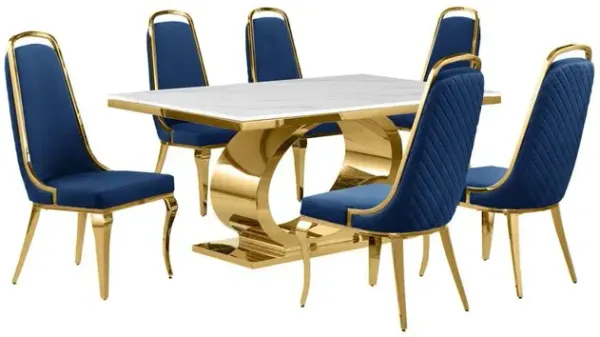 7pc Small(68") marble top dining set with gold base and 6 Navy blue side chairs