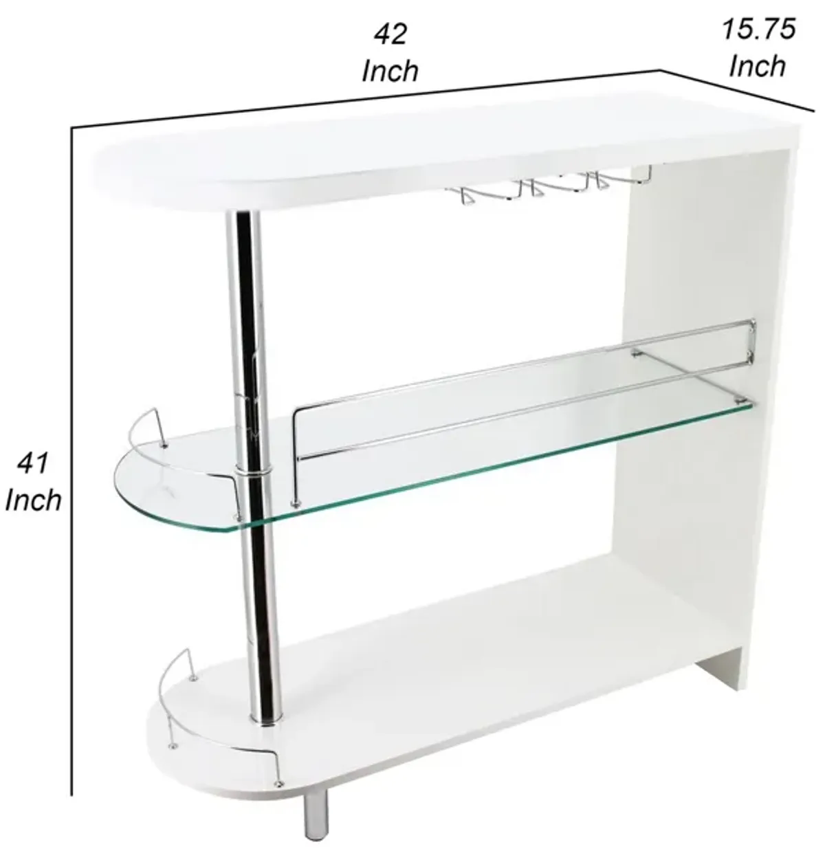 Zaina 42 Inch Modern Bar Table, 3 Shelves, Tempered Glass, White, Chrome - Benzara