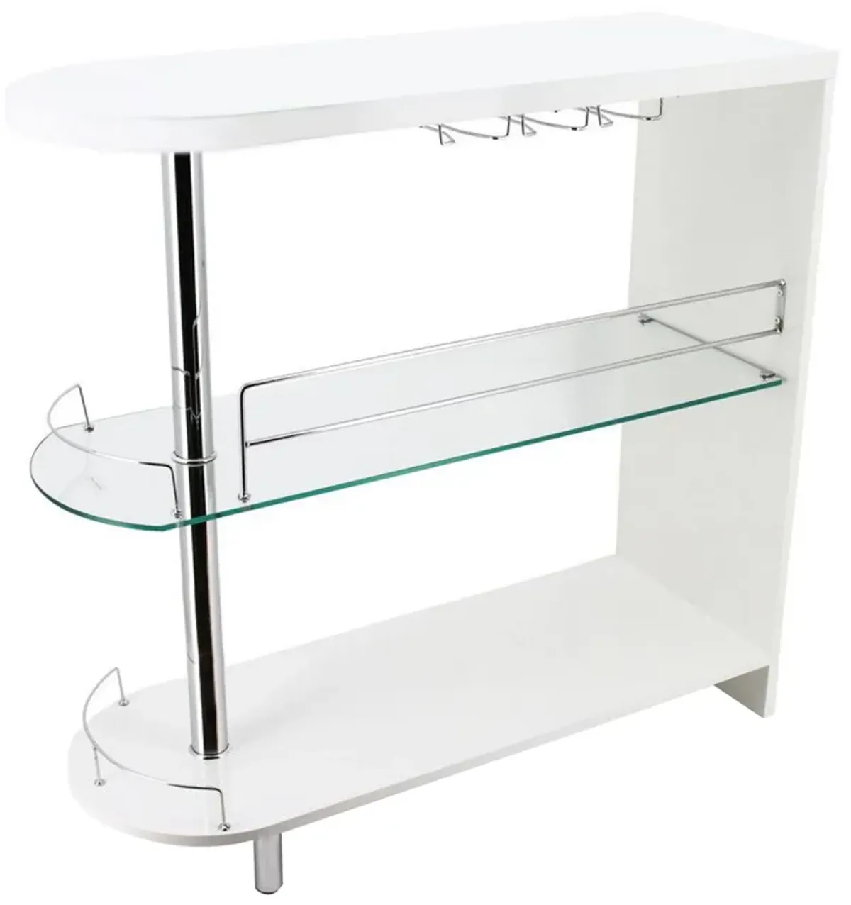 Zaina 42 Inch Modern Bar Table, 3 Shelves, Tempered Glass, White, Chrome - Benzara