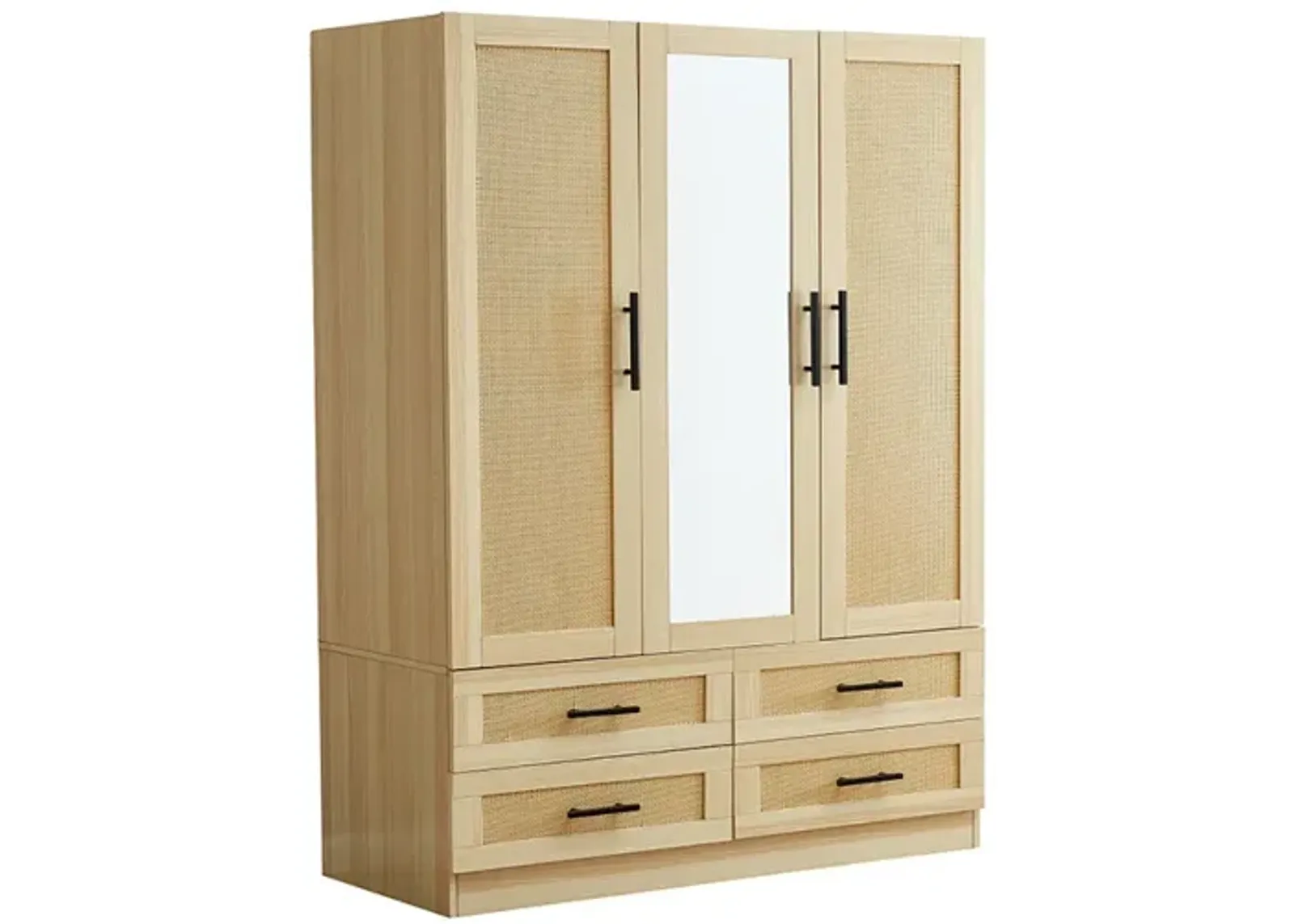 Tall Rattan Armoire Wardrobe Closet Wood with 3 Doors, 4 Drawers Mirror Hanging Rod and Shelves Large Clothes Storage Cabinet