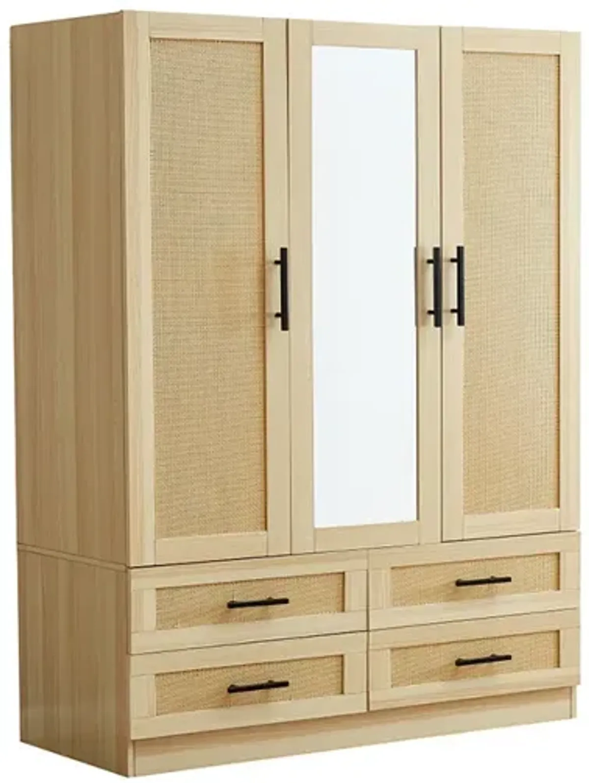 Tall Rattan Armoire Wardrobe Closet Wood with 3 Doors, 4 Drawers Mirror Hanging Rod and Shelves Large Clothes Storage Cabinet