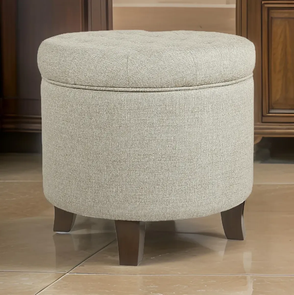 Textured Woven Fabric Upholstered Round Ottoman with Lift Top Storage, Beige and Brown - Benzara