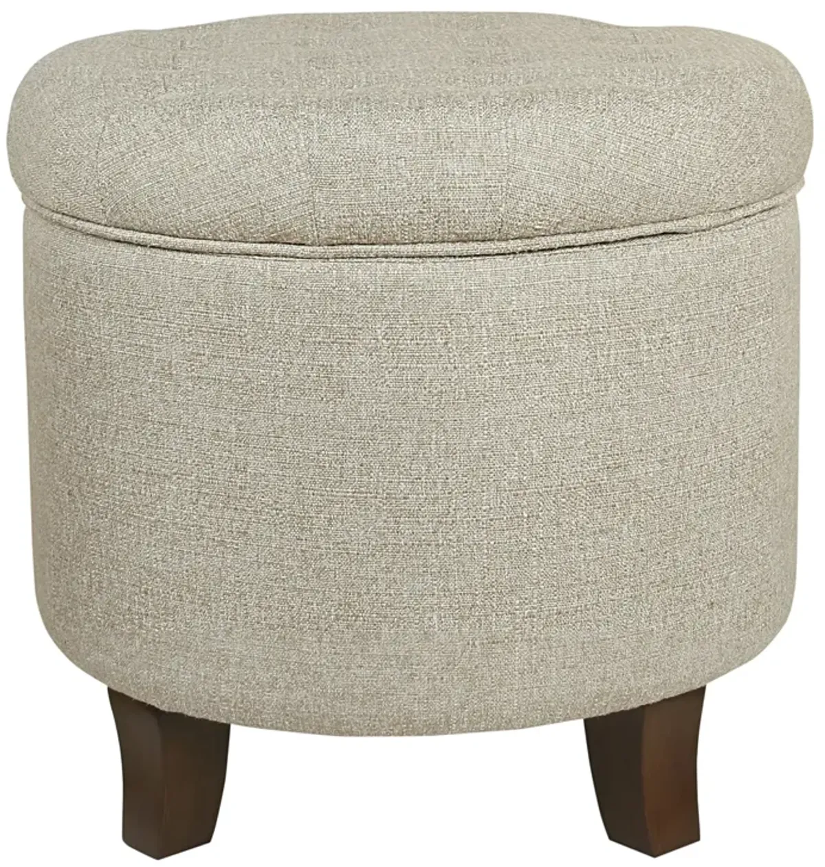 Textured Woven Fabric Upholstered Round Ottoman with Lift Top Storage, Beige and Brown - Benzara