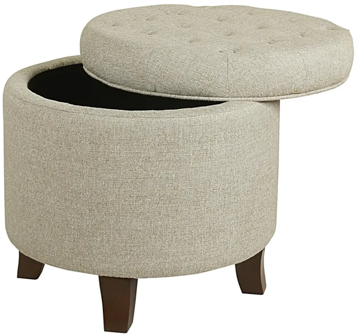 Textured Woven Fabric Upholstered Round Ottoman with Lift Top Storage, Beige and Brown - Benzara