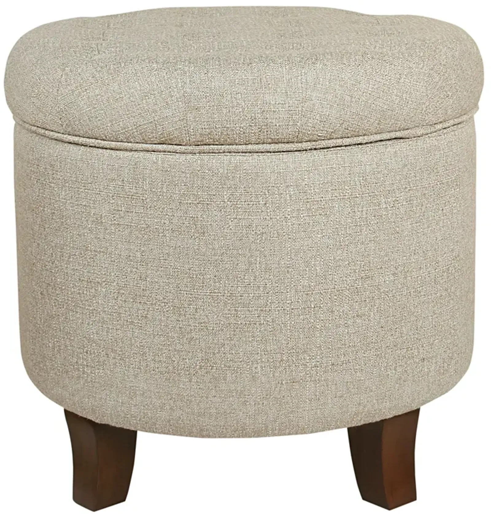 Textured Woven Fabric Upholstered Round Ottoman with Lift Top Storage, Beige and Brown - Benzara