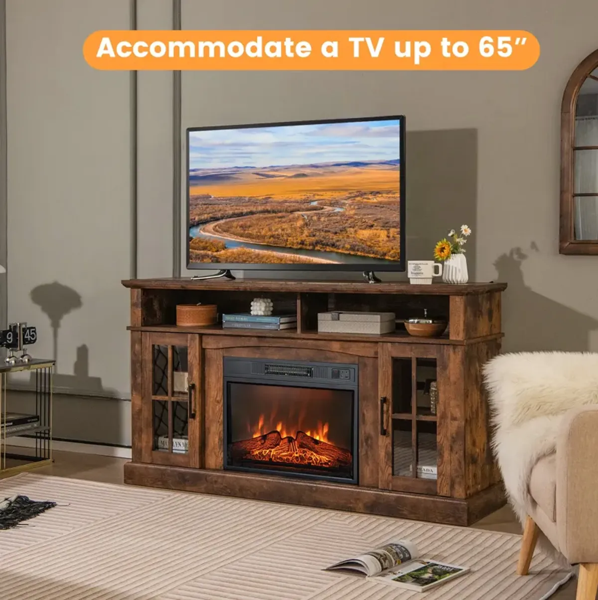 Fireplace TV Stand for TVs Up to 65 Inch with Side Cabinets and Remote Control