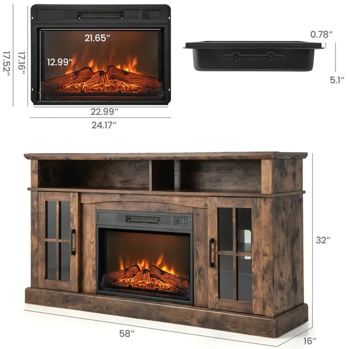 Fireplace TV Stand for TVs Up to 65 Inch with Side Cabinets and Remote Control