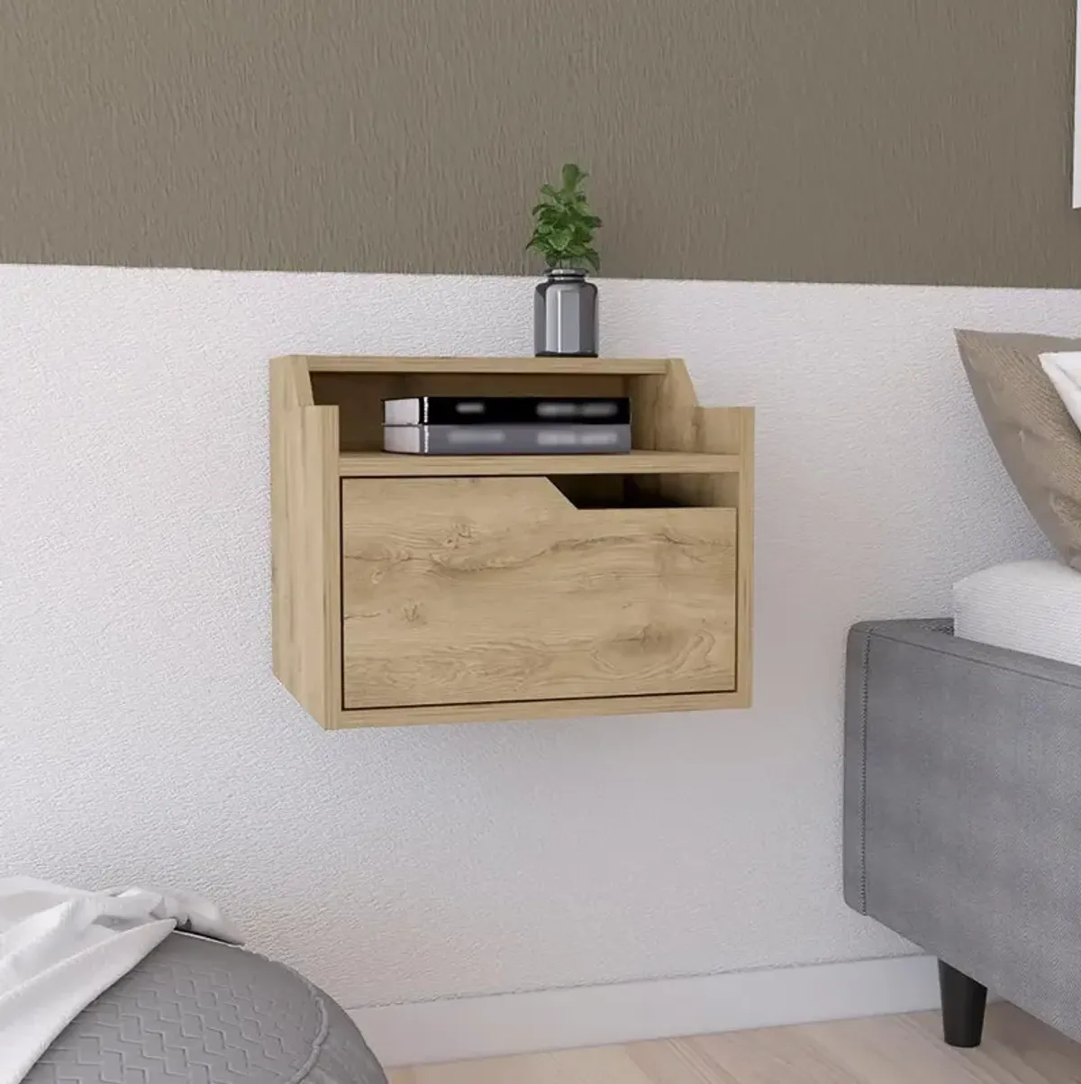 Floating Nightstand, Modern Dual-Tier Design with Spacious Single Drawer Storage