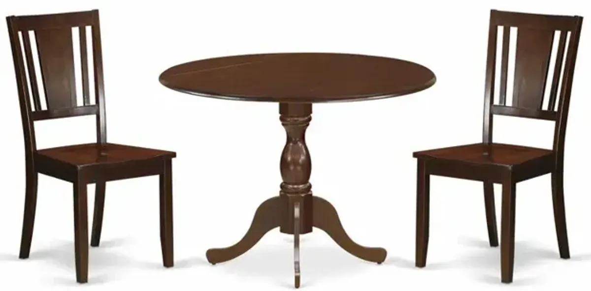 East West Furniture DMDU3-MAH-W 3 Piece Wood Dining Table Set Contains 1 Drop Leaves Wooden Table and 2 Mahogany Wooden Chairs with Panel Back - Mahogany Finish