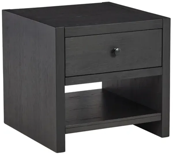 24 Inch Square Side End Table, Wire Brushed Black Wood, Single Drawer -Benzara