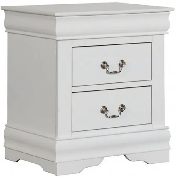 Ryla Nightstand, 2 Drawers, Classic White Solid Wood, Nickel Metal Handles - Benzara
