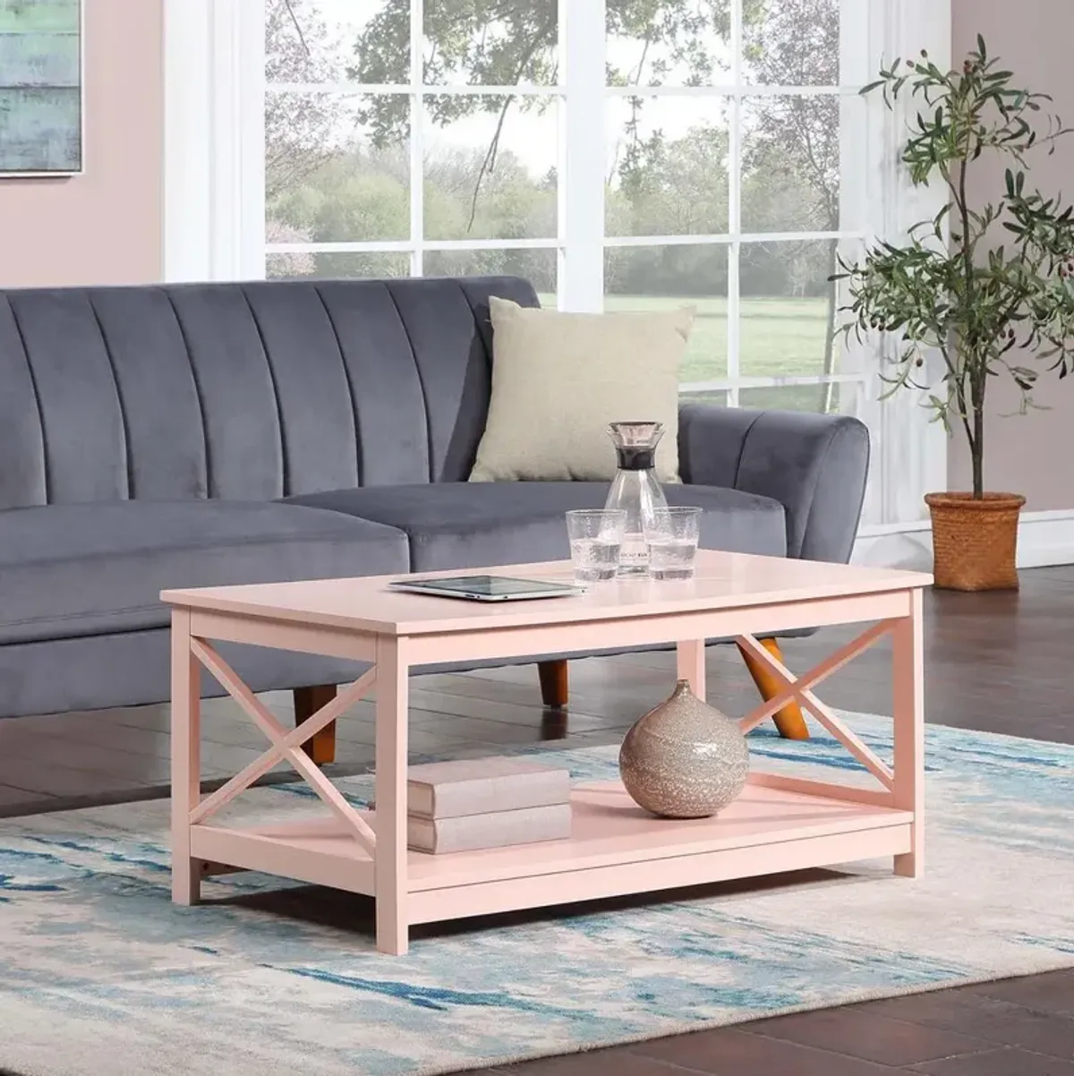 Convenience Concepts Oxford Coffee Table with Shelf Blush Pink