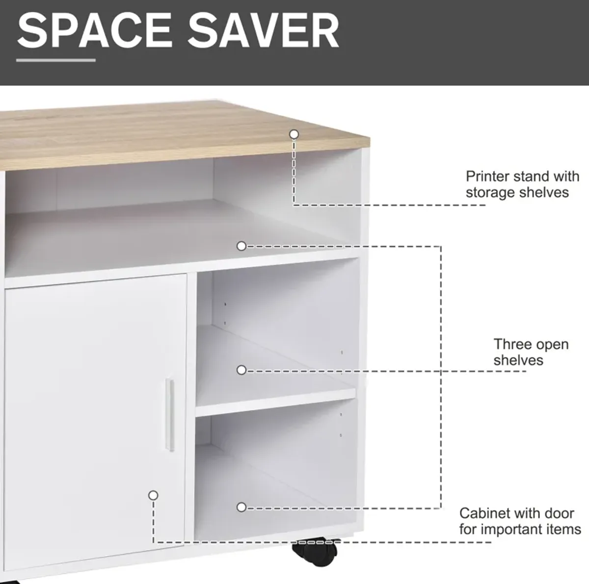 White Mobile Organizer: Printer Stand with Storage and Wheels