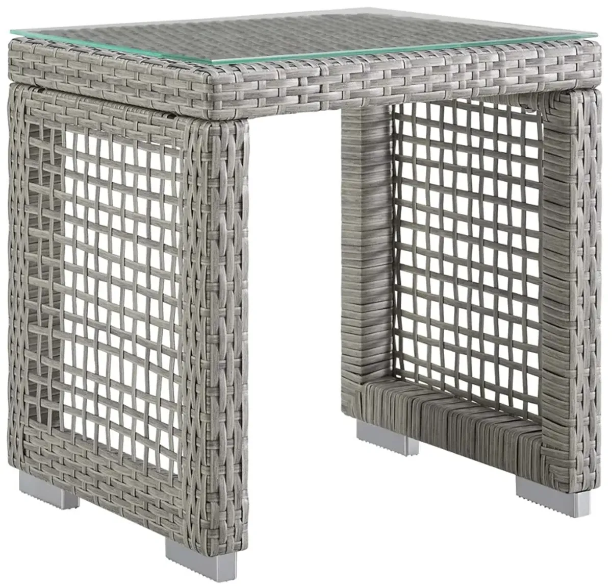 Modway Aura Outdoor Patio Wicker Rattan Armchair and Two Side Tables in Gray White