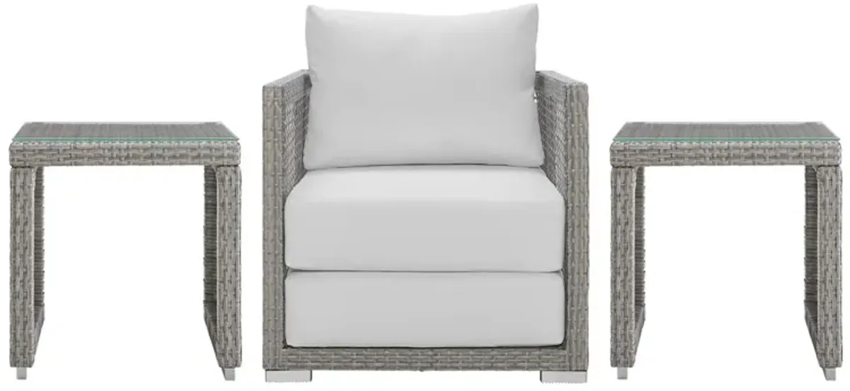 Modway Aura Outdoor Patio Wicker Rattan Armchair and Two Side Tables in Gray White